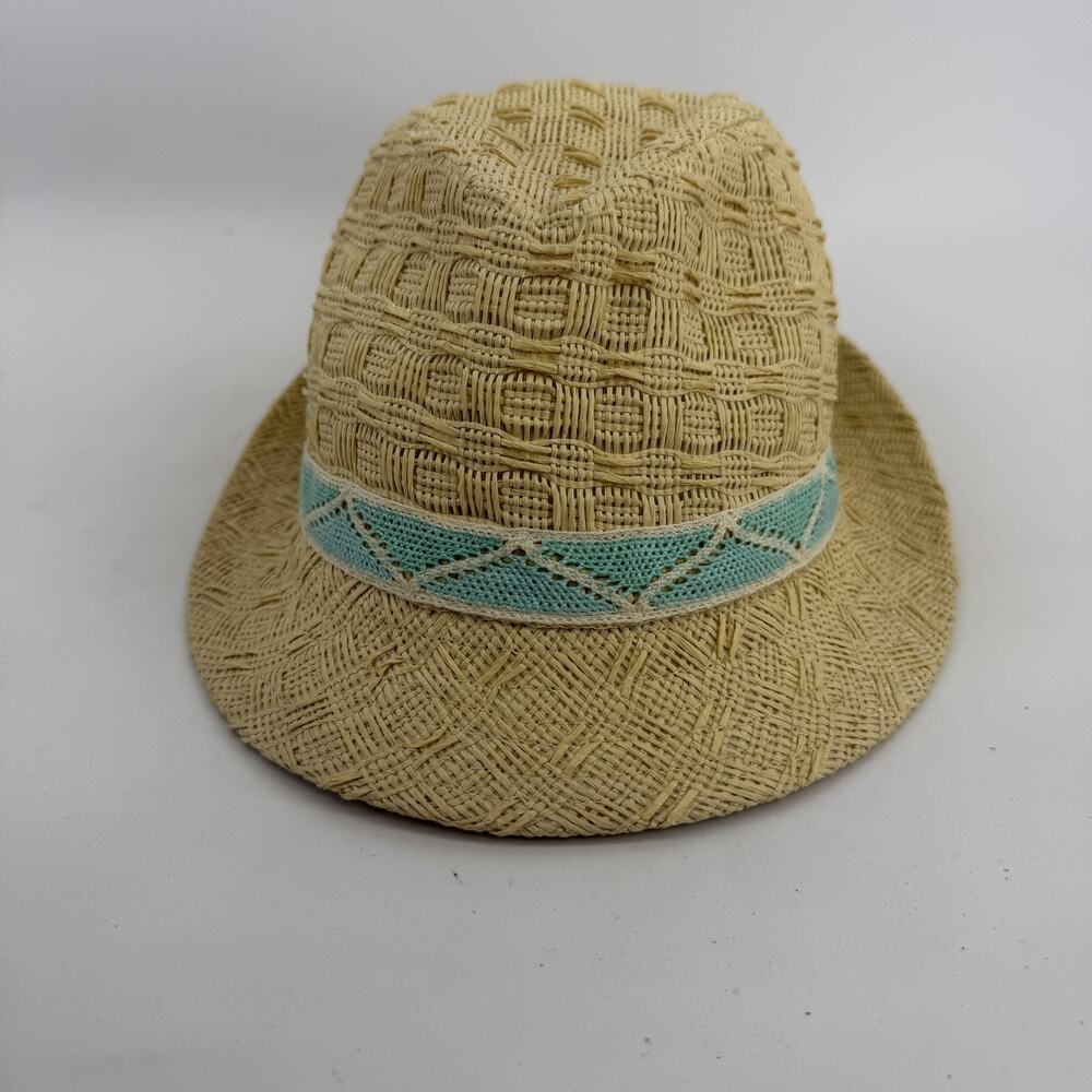Panama Jack Hat Trilby Womens One Size Beige Straw Aqua Band Summer Beach Travel